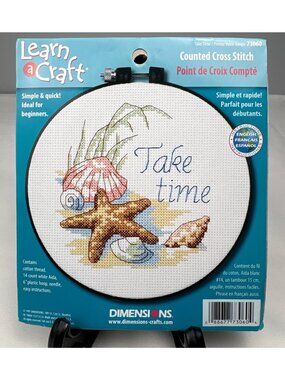 Learn A Craft Dimensions "Take Time" Seashell Cross Stitch Kit Beginners 6" Hoop